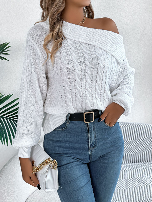 Asymmetric Lapel Off-shoulder Cable Knit Long Sleeve Sweaters | Chuzko.com