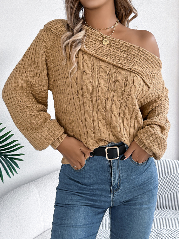 Asymmetric Lapel Off-shoulder Cable Knit Long Sleeve Sweaters | Chuzko.com