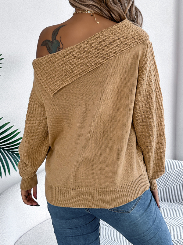 Asymmetric Lapel Off-shoulder Cable Knit Long Sleeve Sweaters | Chuzko.com