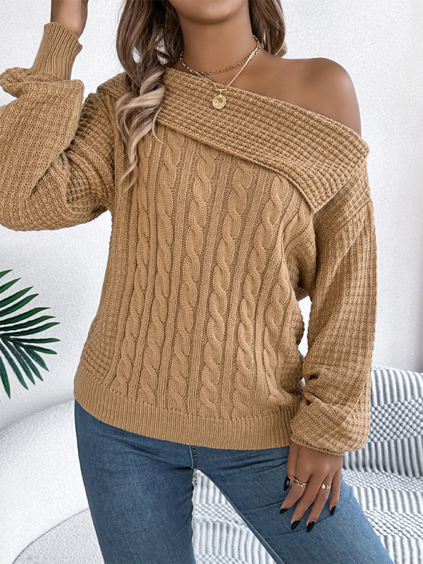 Asymmetric Lapel Off-shoulder Cable Knit Long Sleeve Sweaters | Chuzko.com