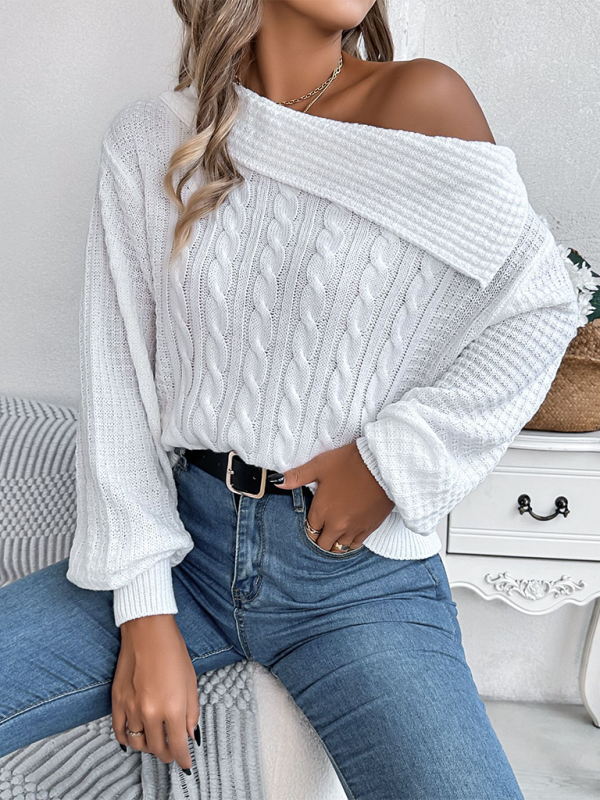 Asymmetric Lapel Off-shoulder Cable Knit Long Sleeve Sweaters | Chuzko.com