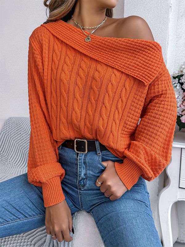 Asymmetric Lapel Off-shoulder Cable Knit Long Sleeve Sweaters | Chuzko.com