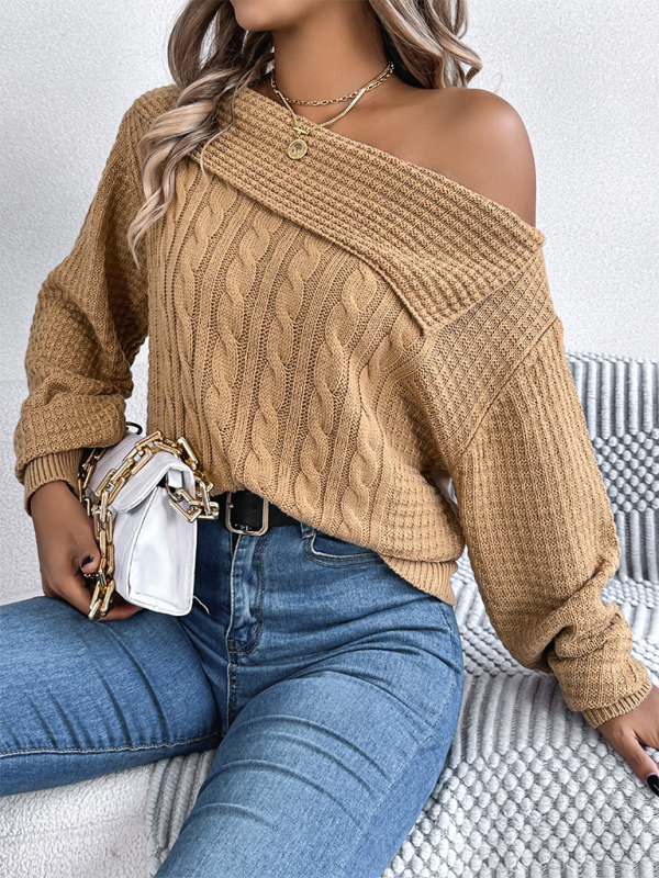 Asymmetric Lapel Off-shoulder Cable Knit Long Sleeve Sweaters | Chuzko.com