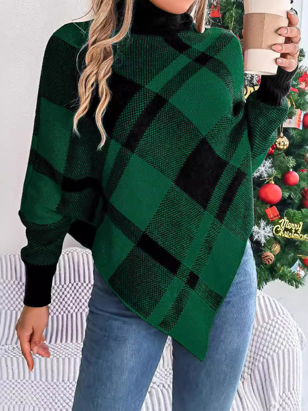 Fancy Plaid Turtleneck Long Sleeve Poncho Sweater Sweater Ponchos | Chuzko.com