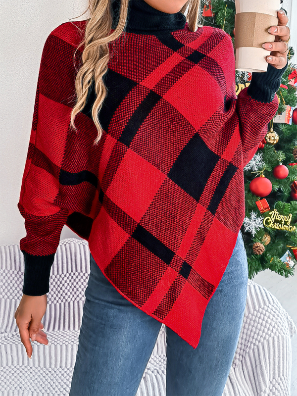 Fancy Plaid Turtleneck Long Sleeve Poncho Sweater	