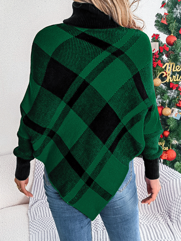 Fancy Plaid Turtleneck Long Sleeve Poncho Sweater Sweater Ponchos | Chuzko.com