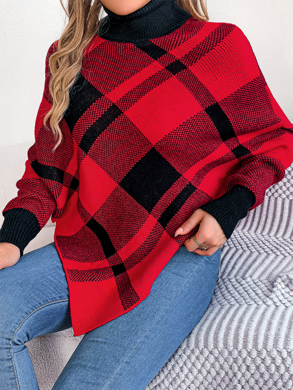 Fancy Plaid Turtleneck Long Sleeve Poncho Sweater Sweater Ponchos | Chuzko.com