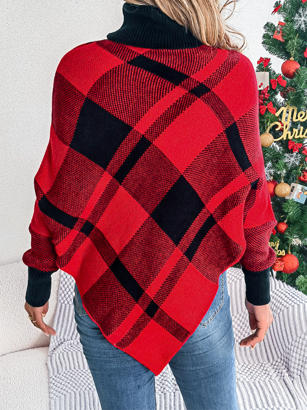 Fancy Plaid Turtleneck Long Sleeve Poncho Sweater Sweater Ponchos | Chuzko.com