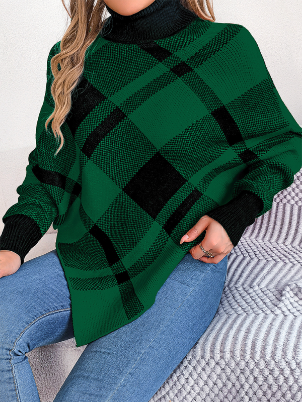 Fancy Plaid Turtleneck Long Sleeve Poncho Sweater Sweater Ponchos | Chuzko.com