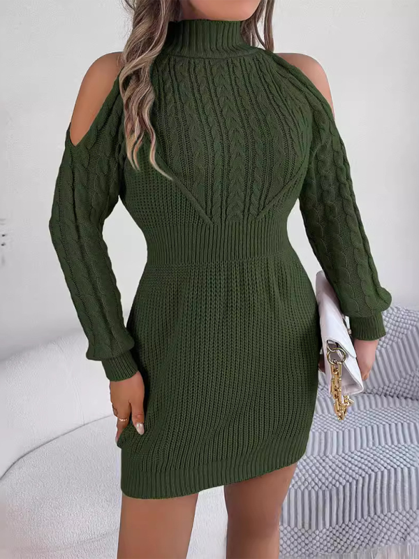 Cold-shoulder Turtleneck Cables & Ribs Knit Mini Dress Bodycon | Chuzko.com