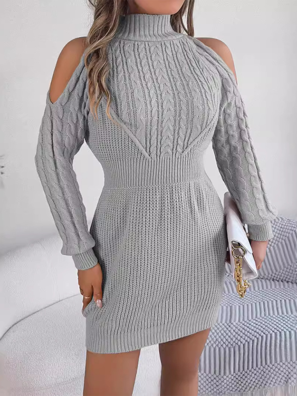 Cold-shoulder Turtleneck Cables & Ribs Knit Mini Dress Bodycon | Chuzko.com