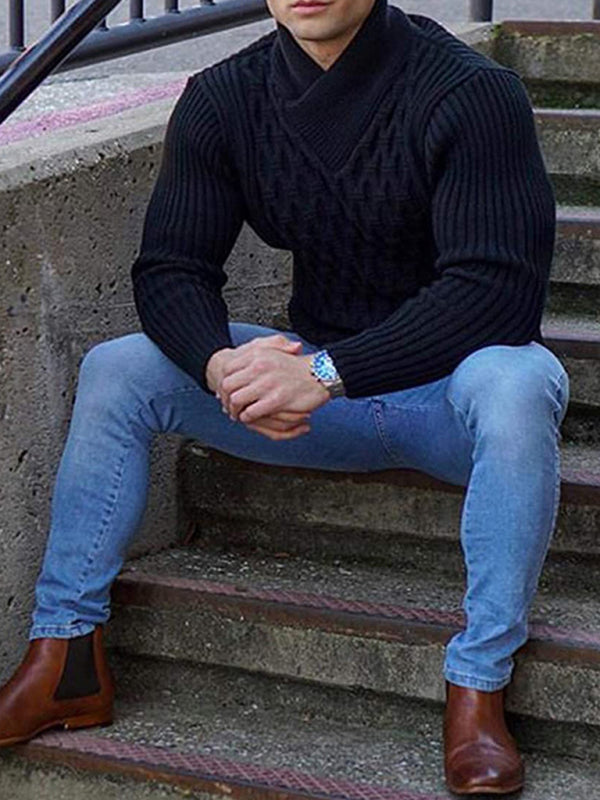 Chain-link & Ribs Knit Shawl Collar Fitted Sweater Men Sweaters | Chuzko.com