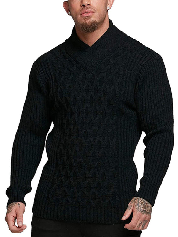 Chain-link & Ribs Knit Shawl Collar Fitted Sweater Men Sweaters | Chuzko.com