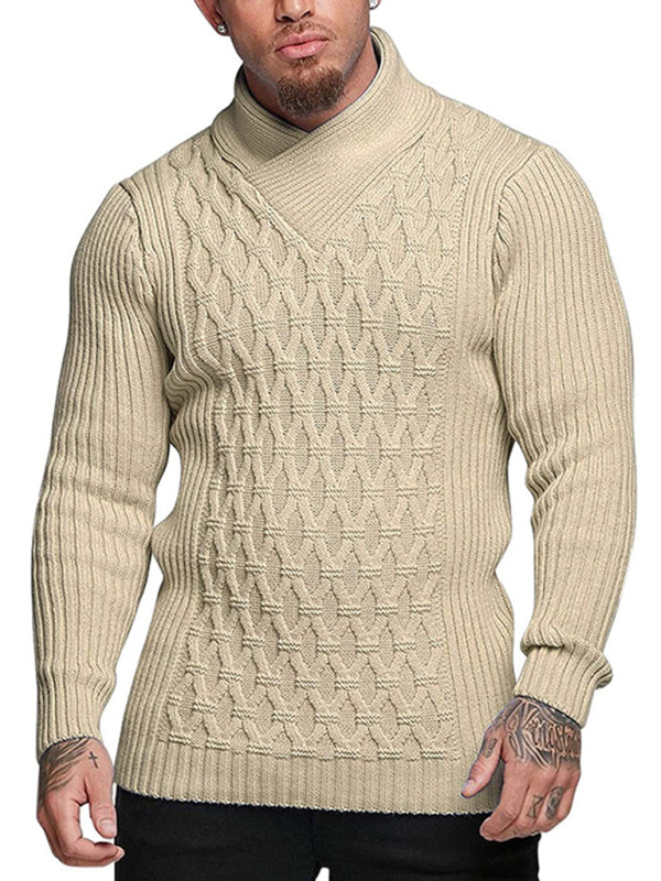 Chain-link & Ribs Knit Shawl Collar Fitted Sweater Men Sweaters | Chuzko.com