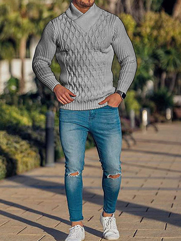 Chain-link & Ribs Knit Shawl Collar Fitted Sweater Men Sweaters | Chuzko.com