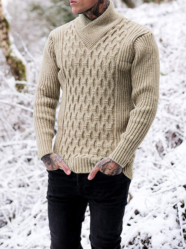 Chain-link & Ribs Knit Shawl Collar Fitted Sweater Men Sweaters | Chuzko.com