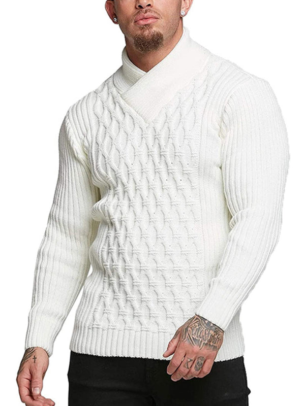 Chain-link & Ribs Knit Shawl Collar Fitted Sweater Men Sweaters | Chuzko.com