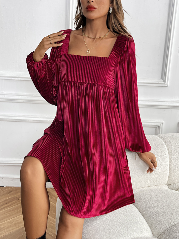 Square Neck Long Sleeve Tent Mini Dress of Corduroys Mini Dresses | Chuzko.com