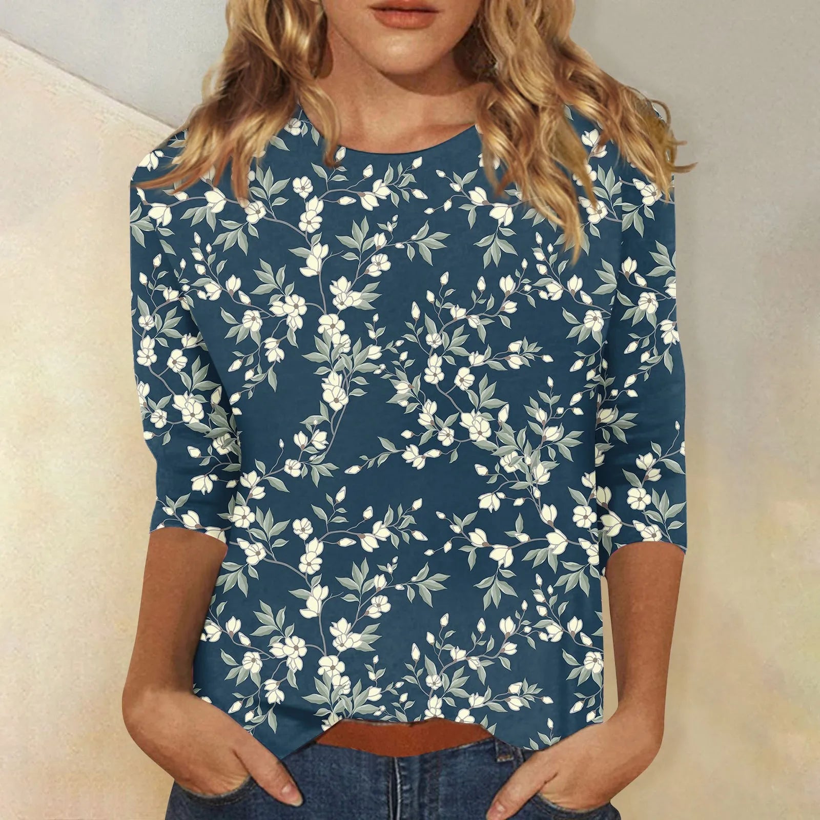 Casual 3/4 Sleeve Floral Print Galore Pullover Top Casual Tees | Chuzko.com