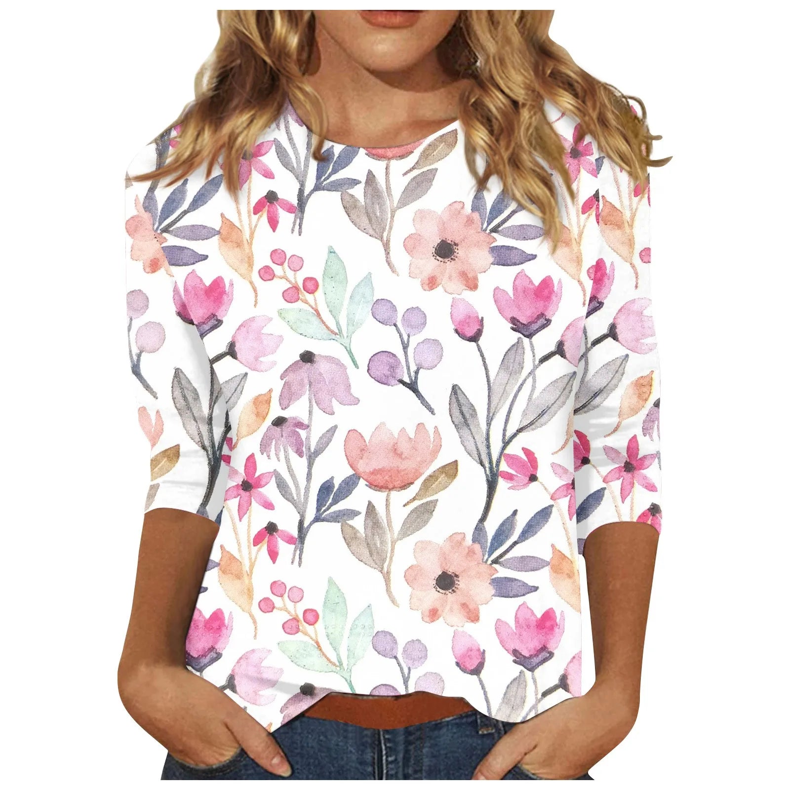 Casual 3/4 Sleeve Floral Print Galore Pullover Top Casual Tees | Chuzko.com