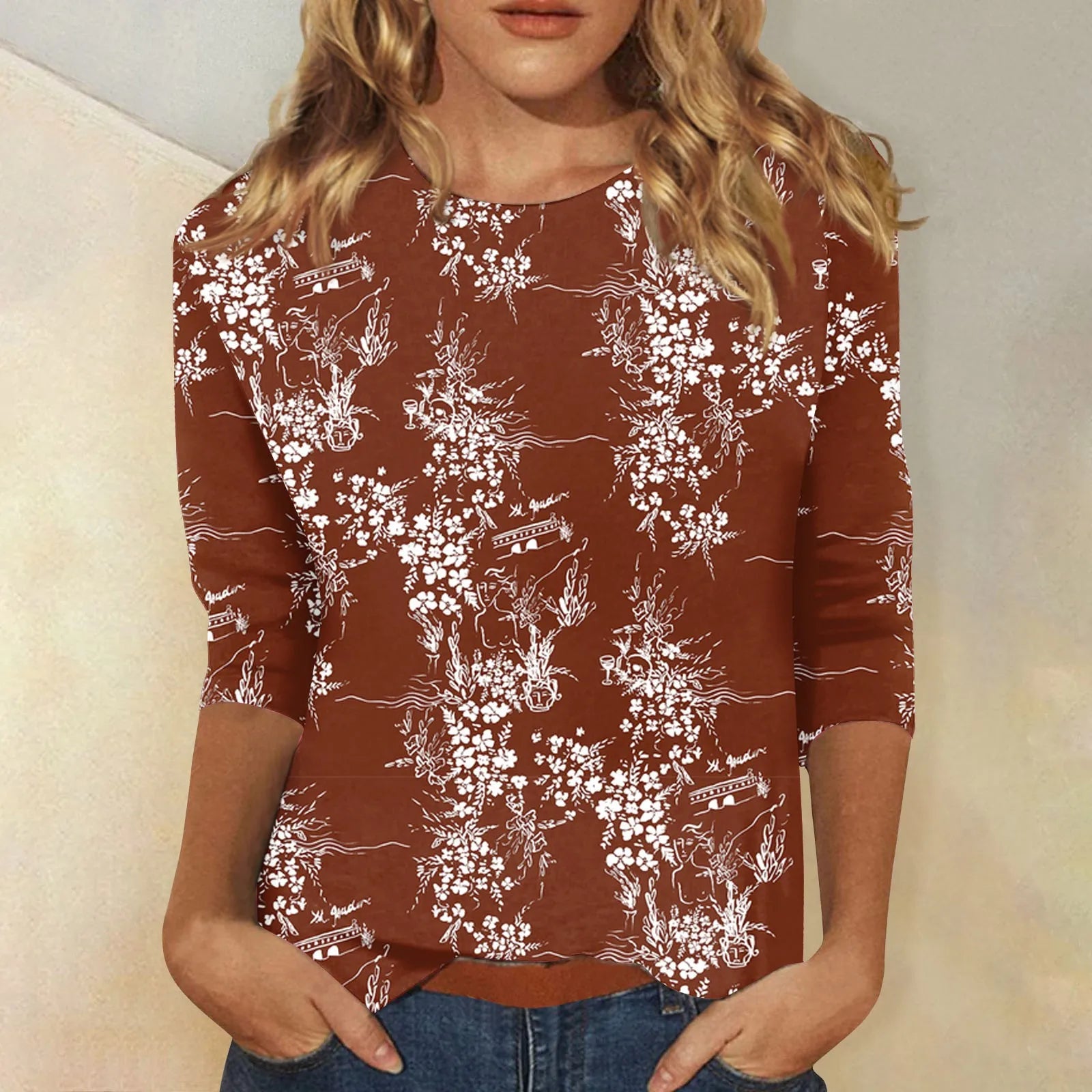 Casual 3/4 Sleeve Floral Print Galore Pullover Top Casual Tees | Chuzko.com