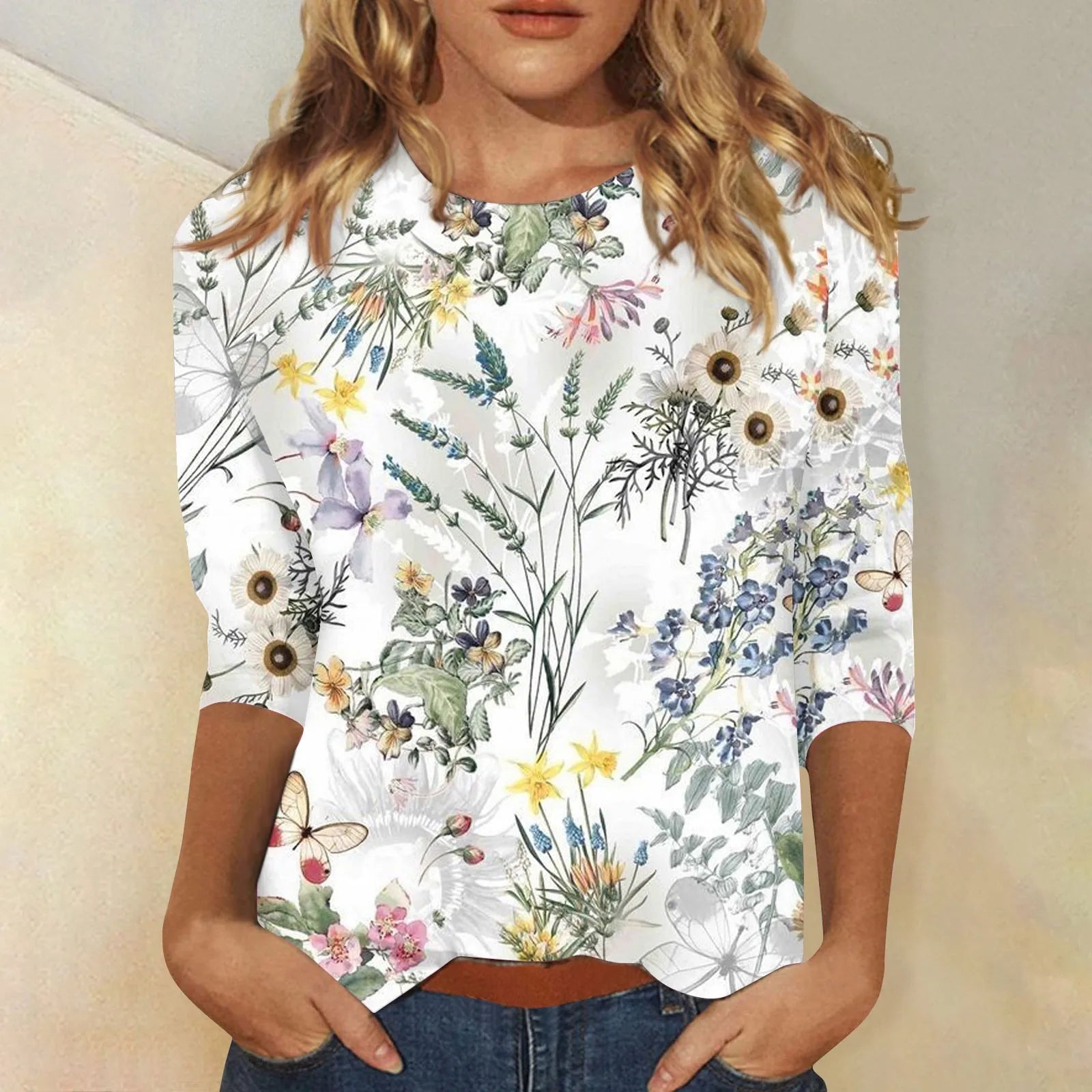 Casual 3/4 Sleeve Floral Print Galore Pullover Top Casual Tees | Chuzko.com