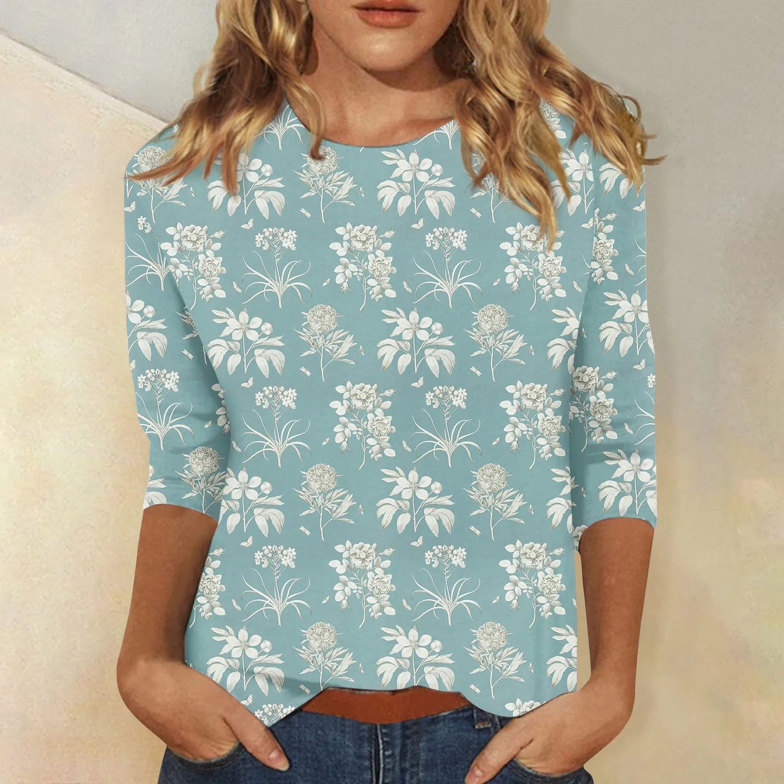 Casual 3/4 Sleeve Floral Print Galore Pullover Top Casual Tees | Chuzko.com