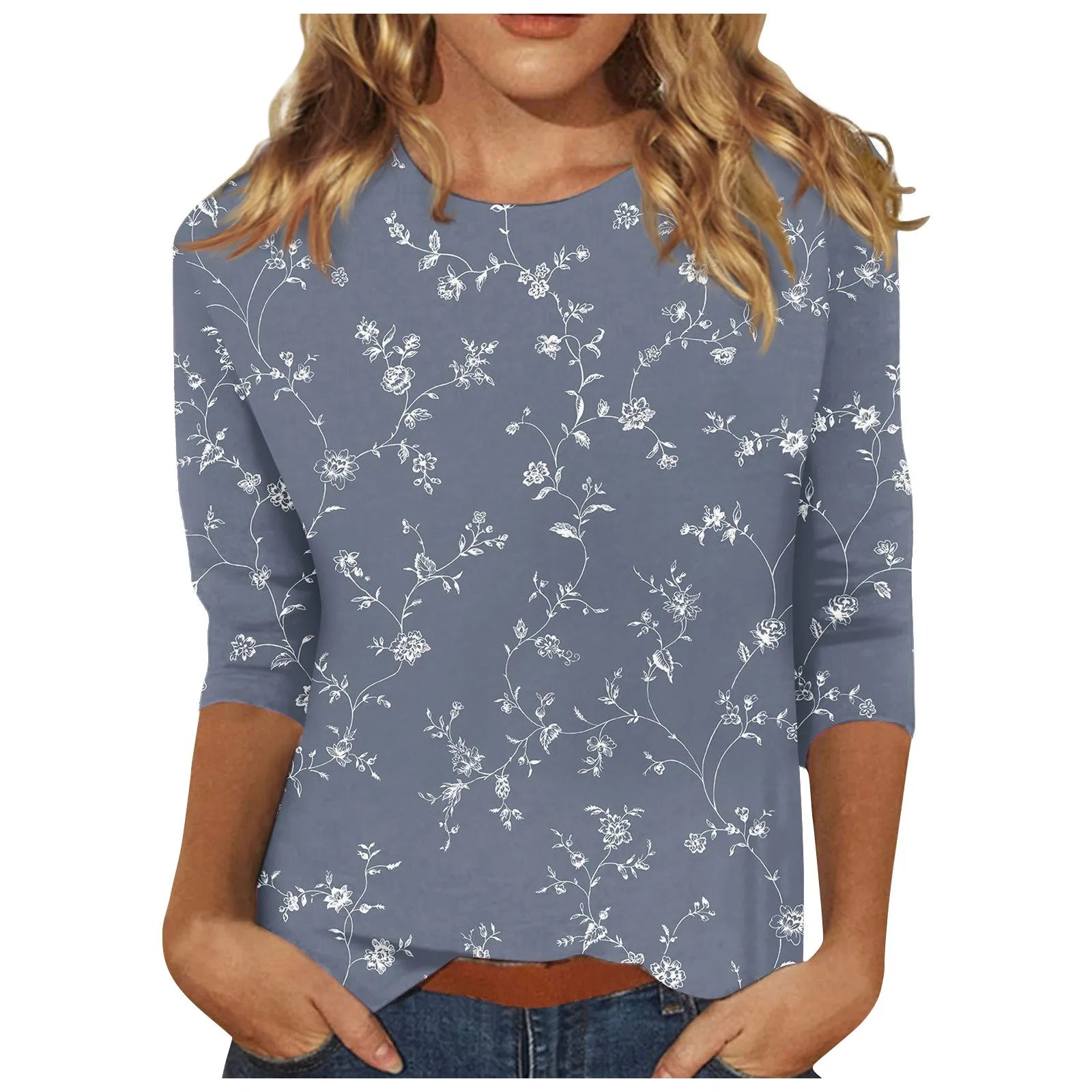 Casual 3/4 Sleeve Floral Print Galore Pullover Top Casual Tees | Chuzko.com