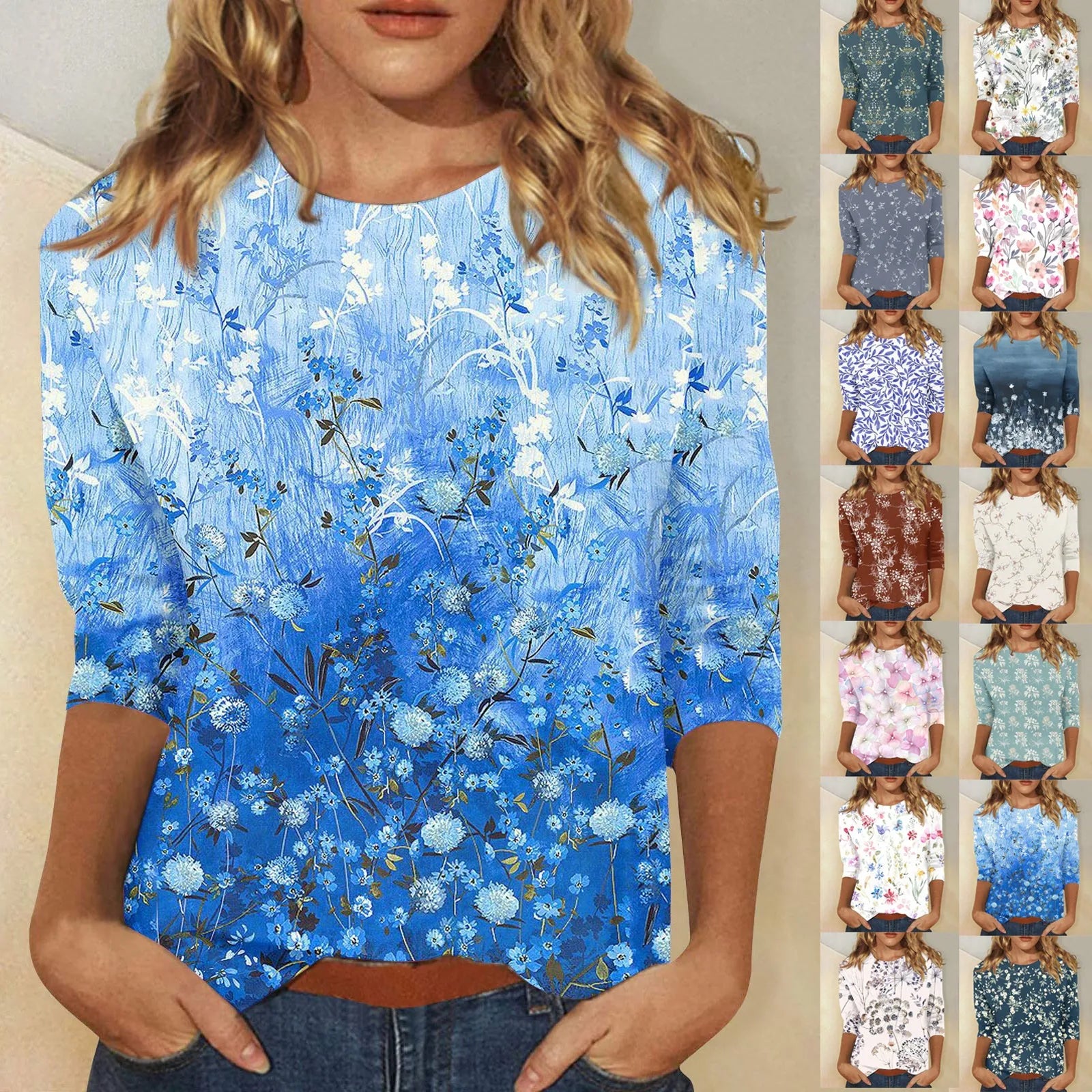 Casual 3/4 Sleeve Floral Print Galore Pullover Top Casual Tees | Chuzko.com