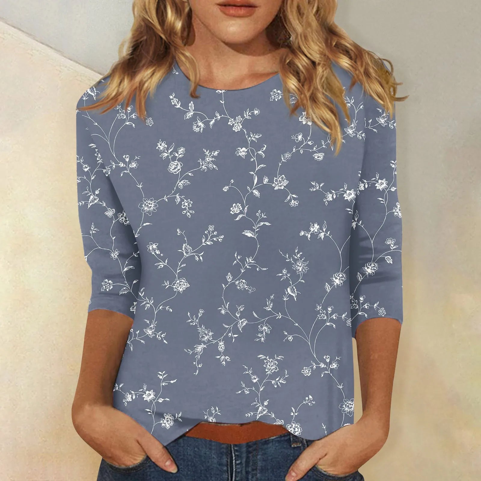 Casual 3/4 Sleeve Floral Print Galore Pullover Top Casual Tees | Chuzko.com