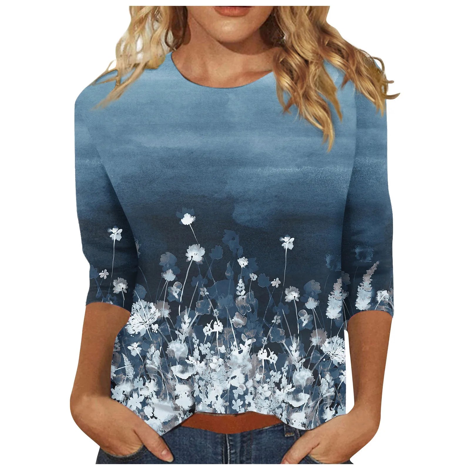 Casual 3/4 Sleeve Floral Print Galore Pullover Top Casual Tees | Chuzko.com