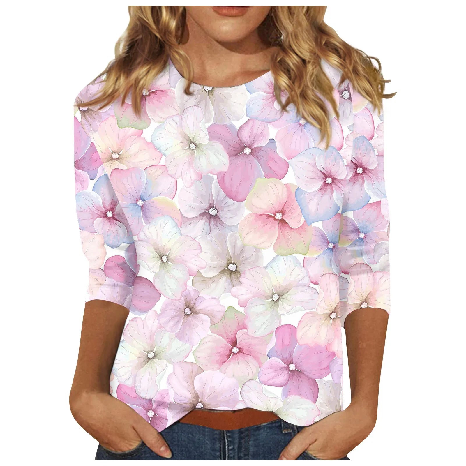 Casual 3/4 Sleeve Floral Print Galore Pullover Top Casual Tees | Chuzko.com