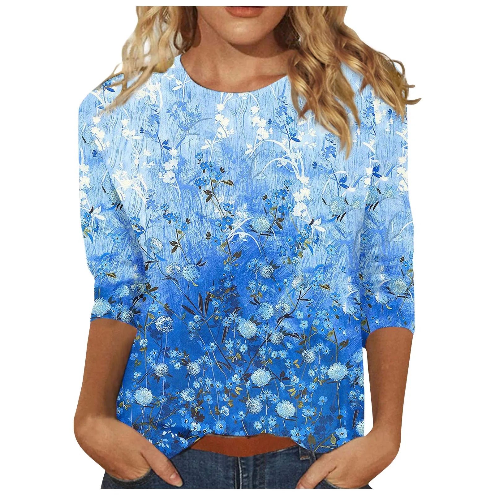 Casual 3/4 Sleeve Floral Print Galore Pullover Top Casual Tees | Chuzko.com