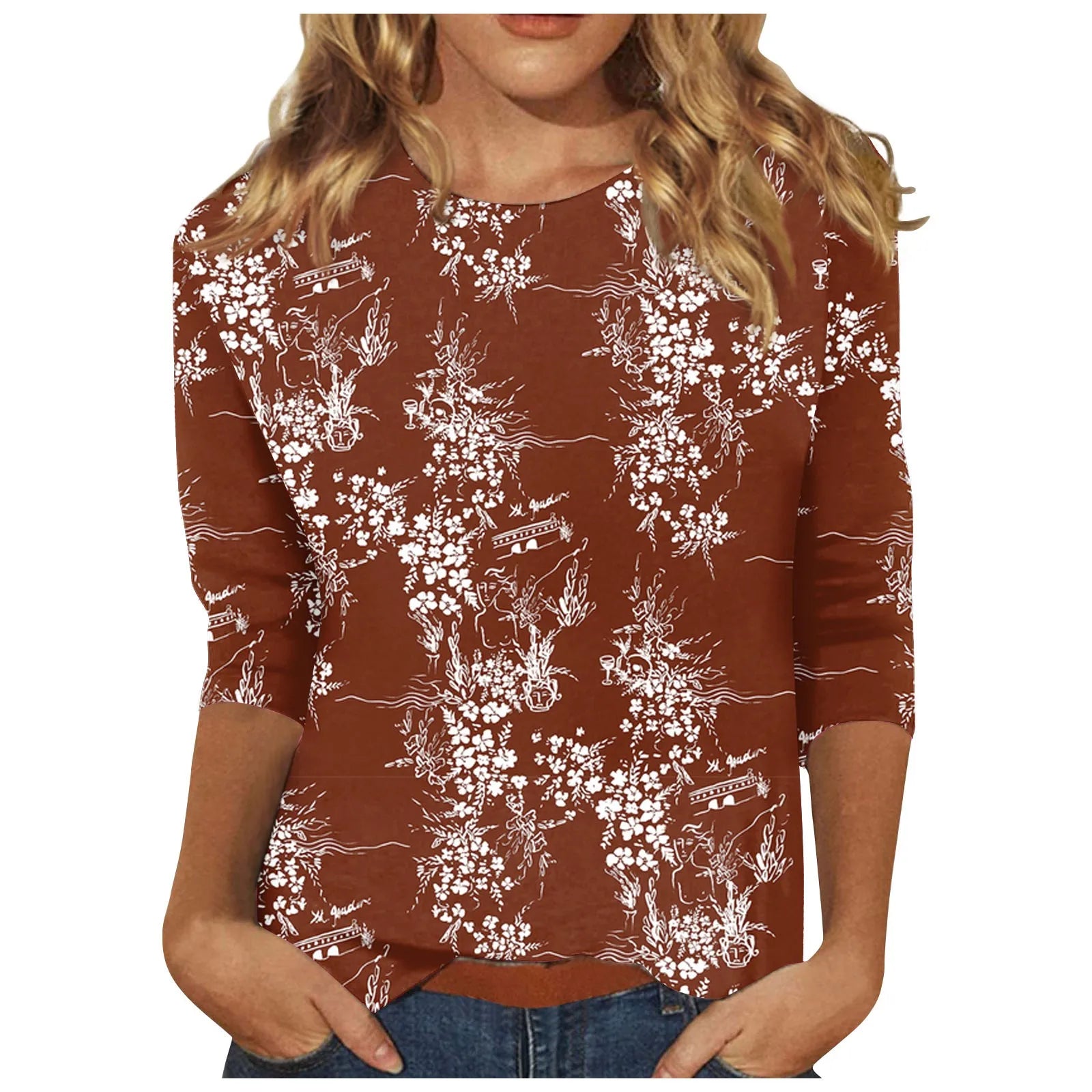 Casual 3/4 Sleeve Floral Print Galore Pullover Top Casual Tees | Chuzko.com