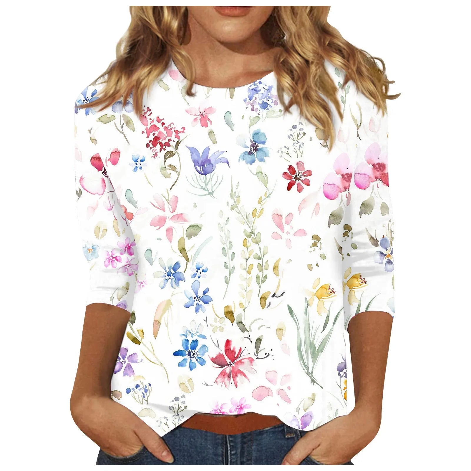 Casual 3/4 Sleeve Floral Print Galore Pullover Top Casual Tees | Chuzko.com