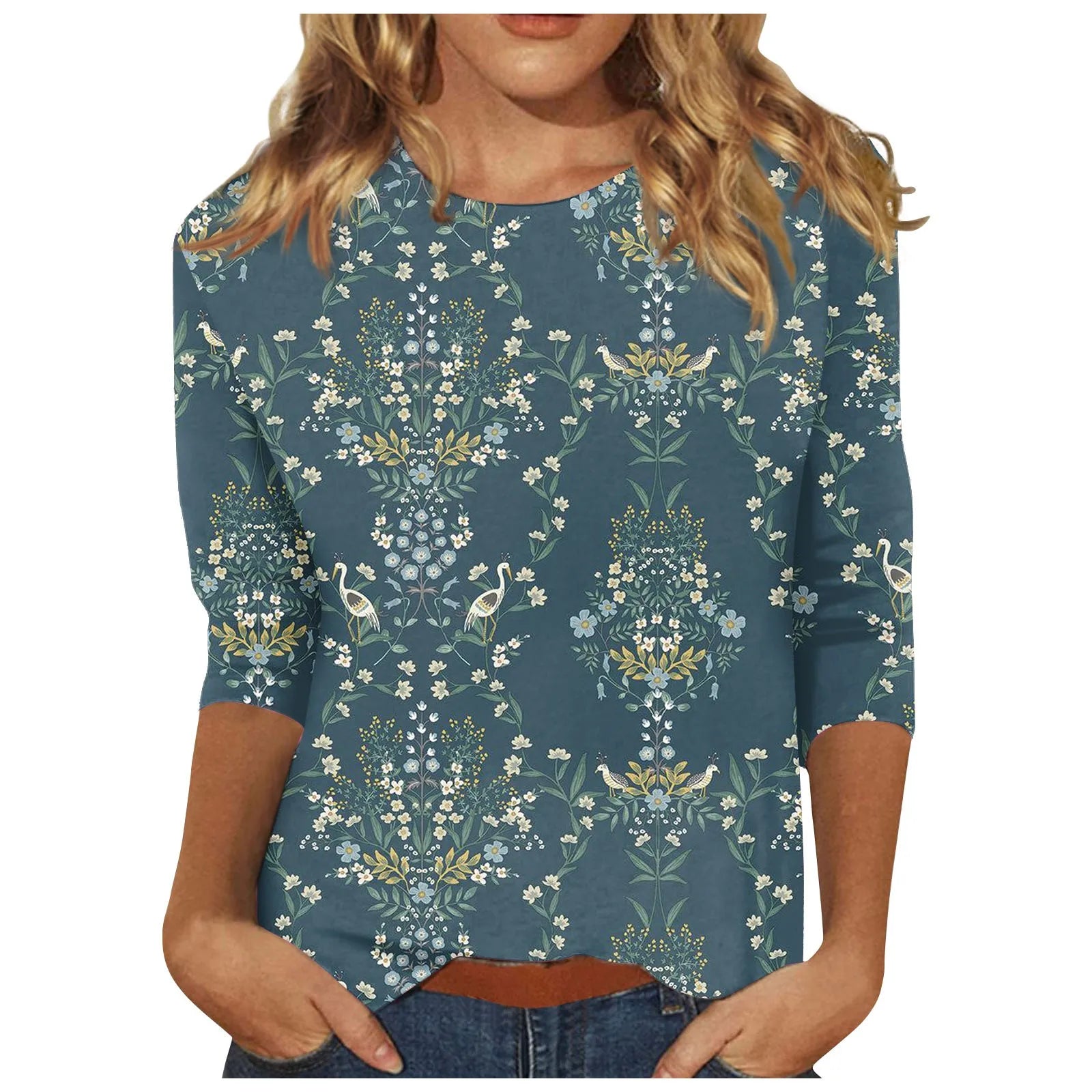 Casual 3/4 Sleeve Floral Print Galore Pullover Top Casual Tees | Chuzko.com