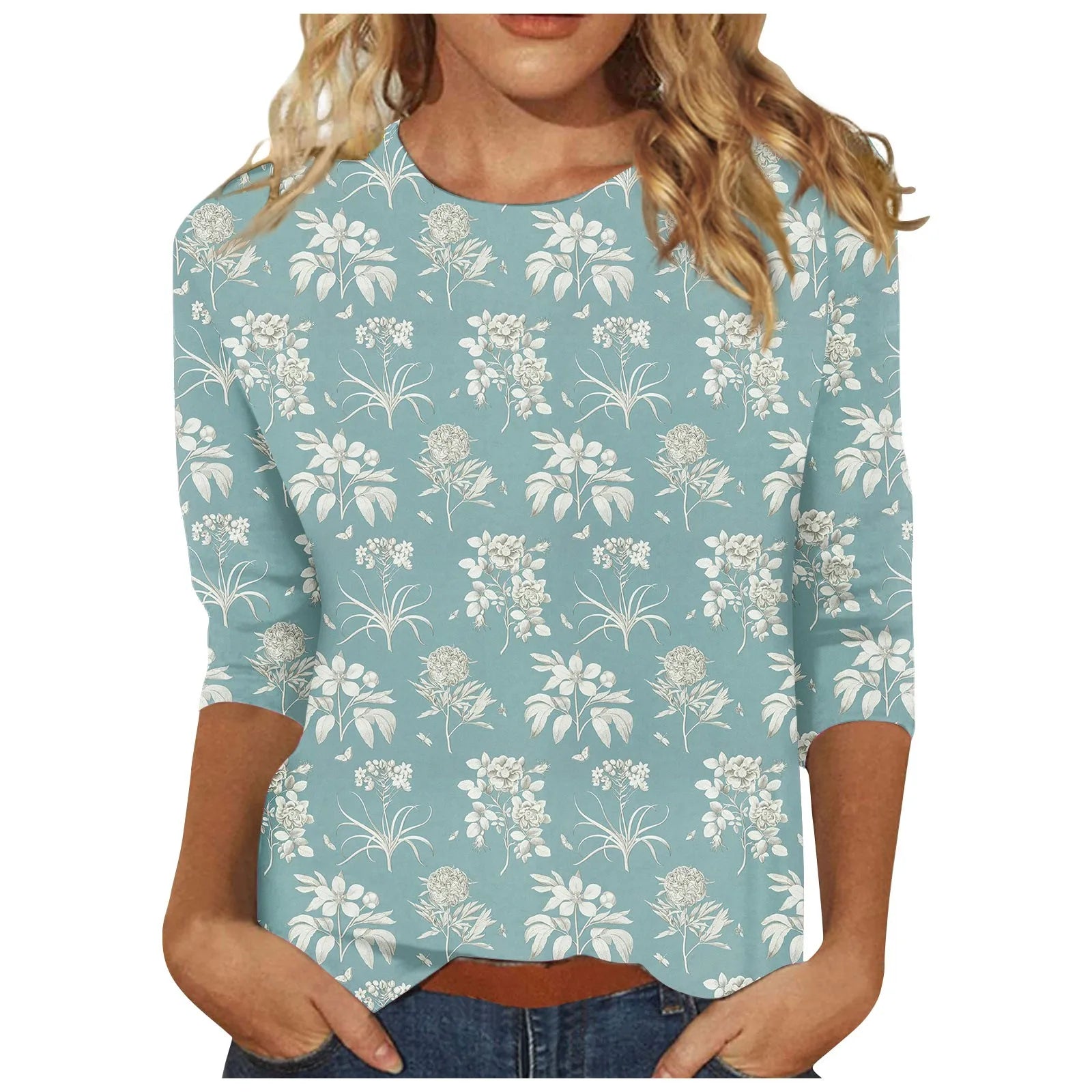 Casual 3/4 Sleeve Floral Print Galore Pullover Top Casual Tees | Chuzko.com