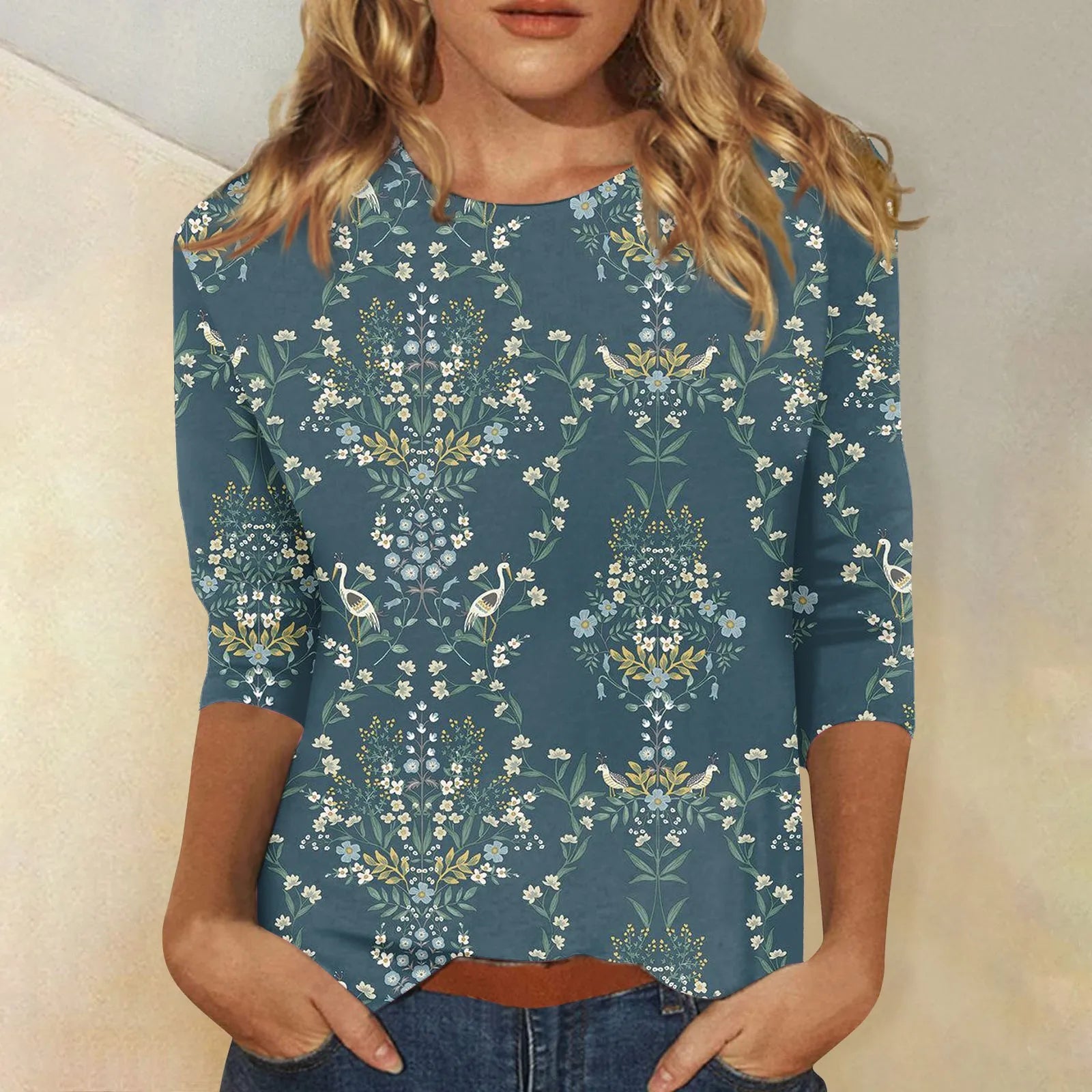 Casual 3/4 Sleeve Floral Print Galore Pullover Top Casual Tees | Chuzko.com