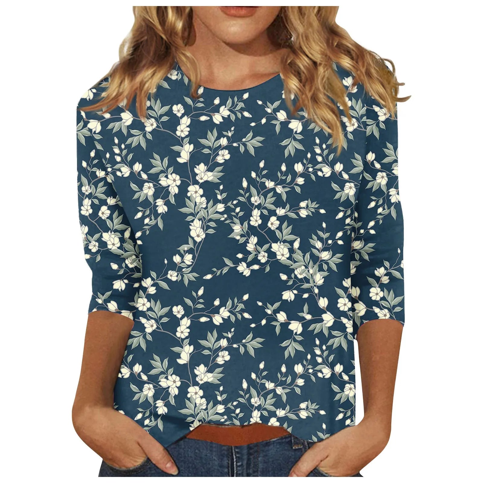 Casual 3/4 Sleeve Floral Print Galore Pullover Top Casual Tees | Chuzko.com