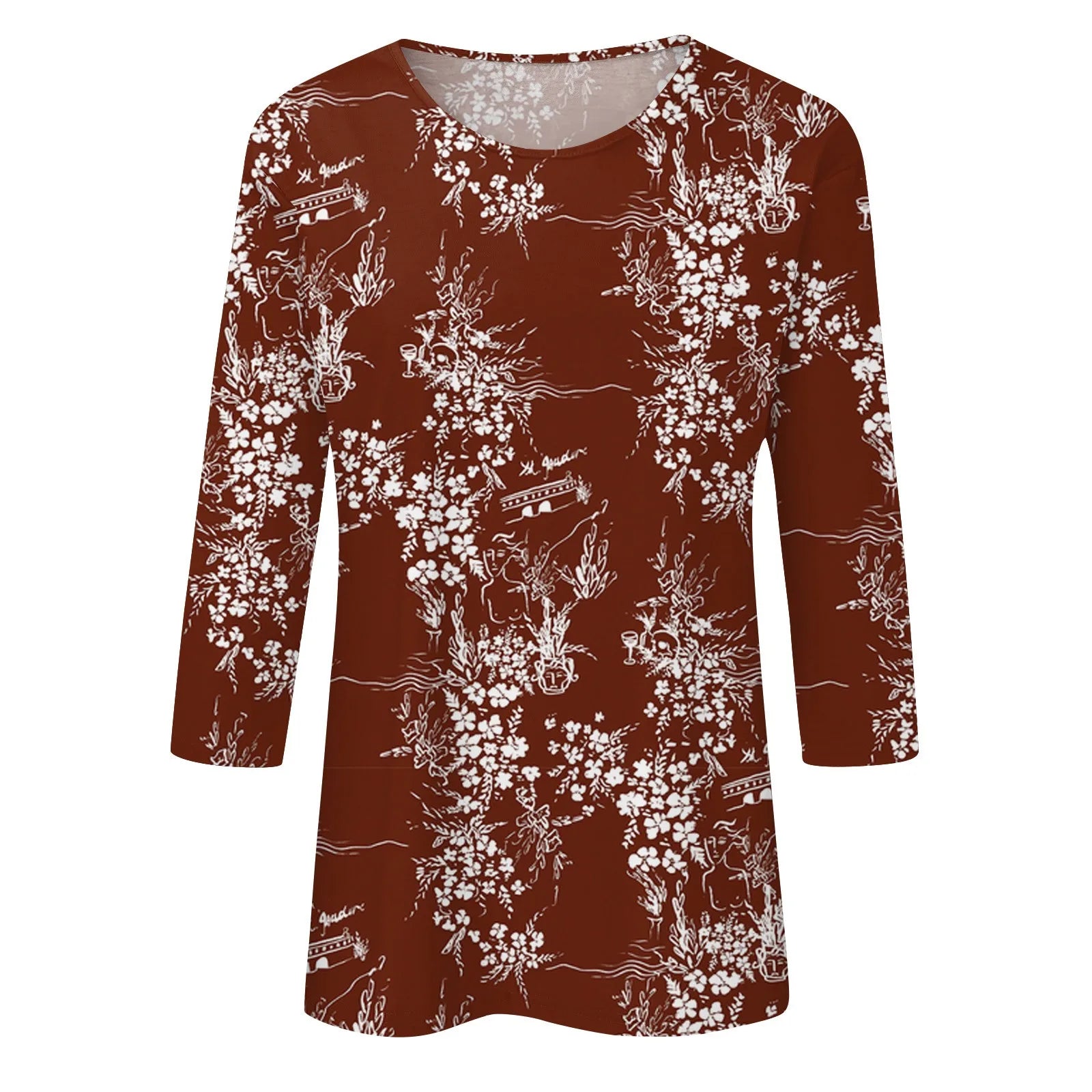 Casual 3/4 Sleeve Floral Print Galore Pullover Top Casual Tees | Chuzko.com