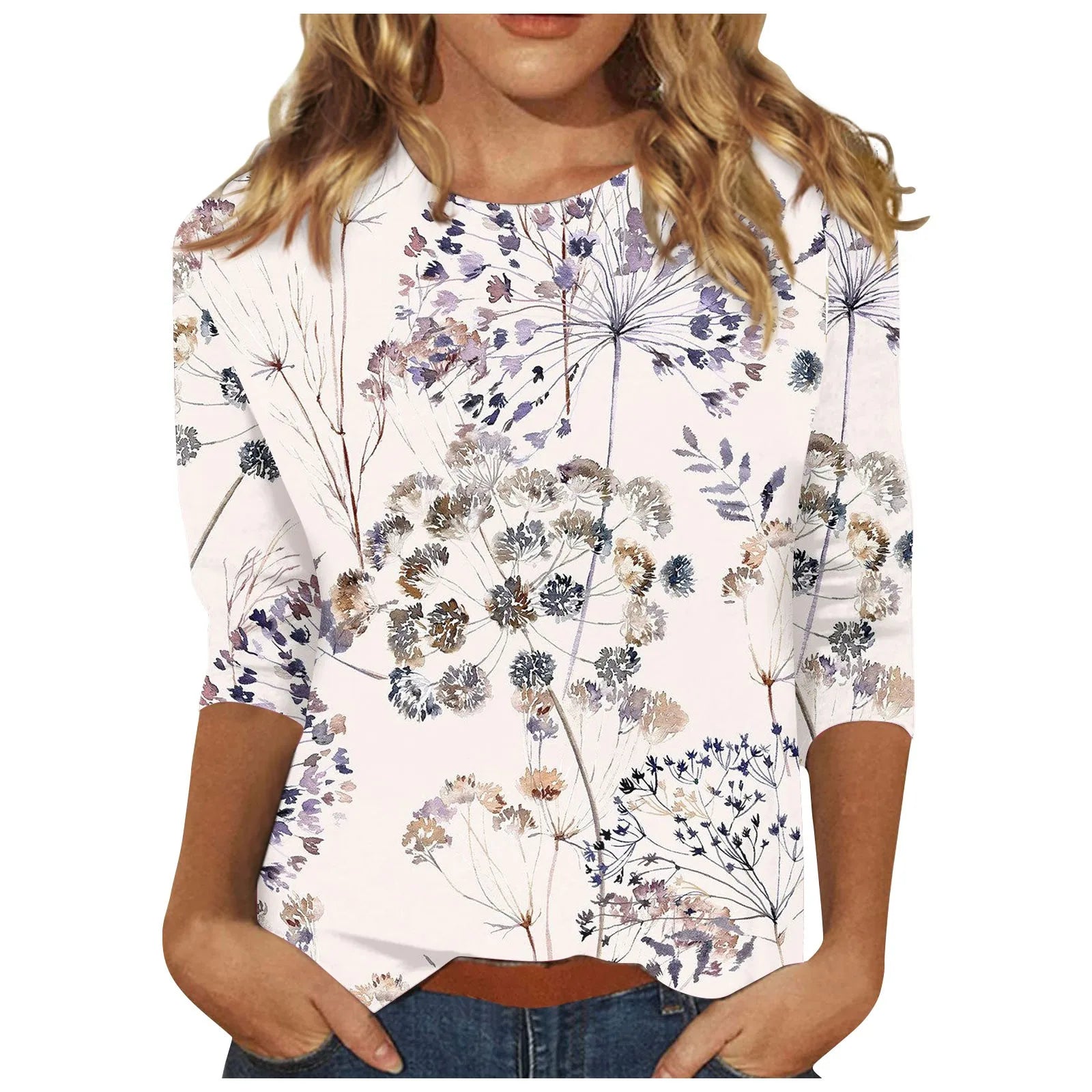 Casual 3/4 Sleeve Floral Print Galore Pullover Top Casual Tees | Chuzko.com