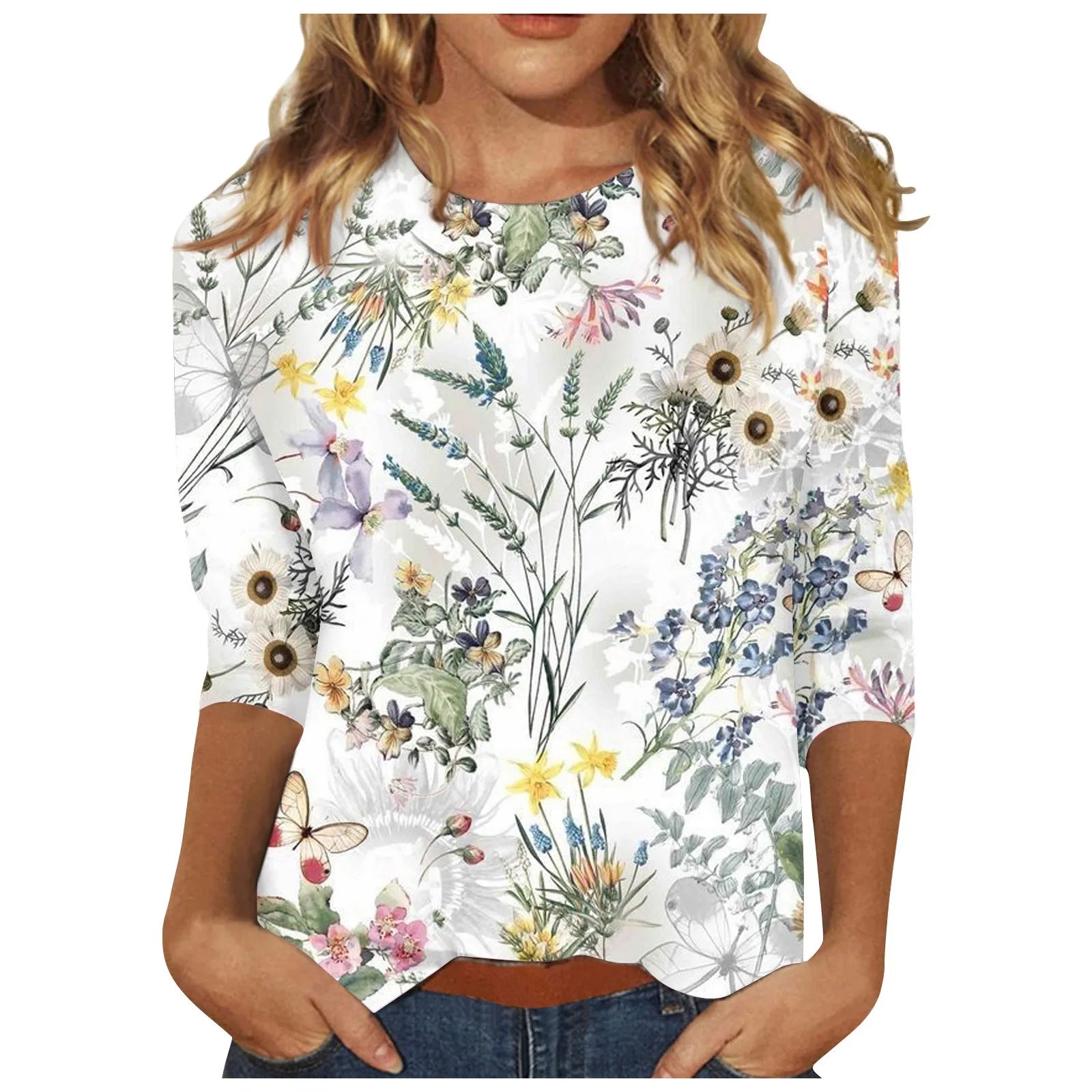 Casual 3/4 Sleeve Floral Print Galore Pullover Top Casual Tees | Chuzko.com