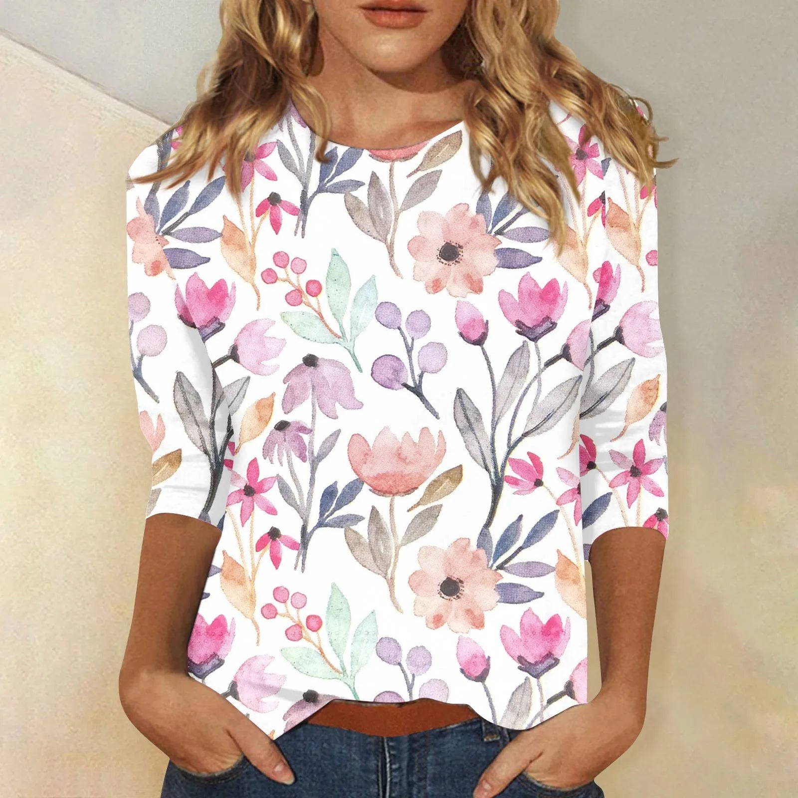 Casual 3/4 Sleeve Floral Print Galore Pullover Top Casual Tees | Chuzko.com