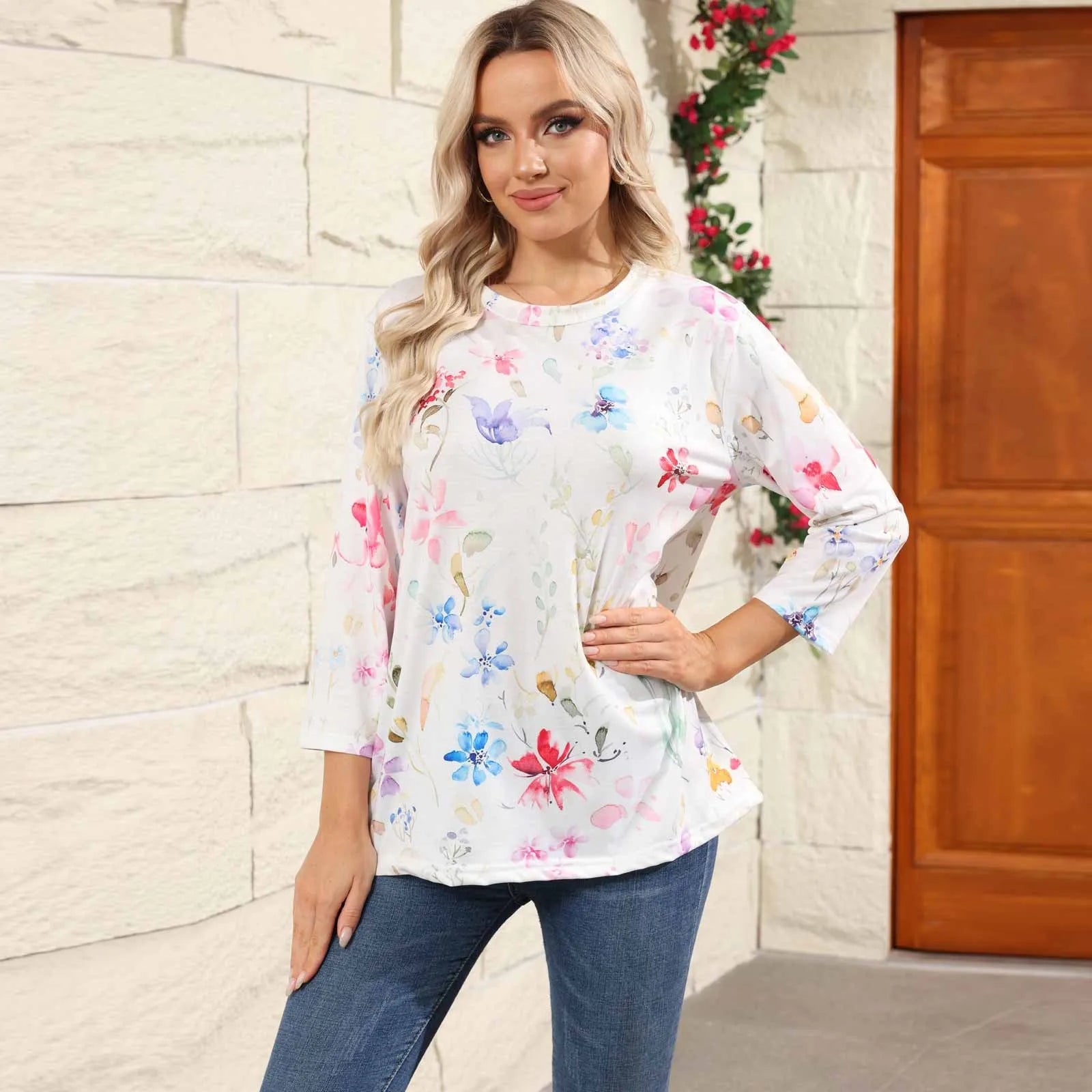 Casual 3/4 Sleeve Floral Print Galore Pullover Top Casual Tees | Chuzko.com