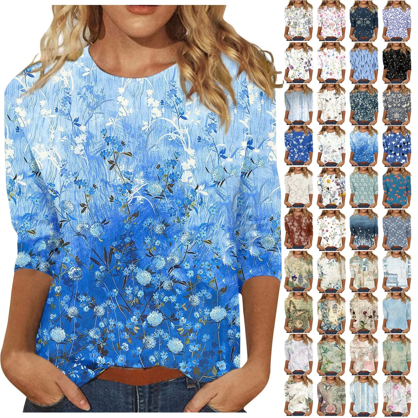 Casual 3/4 Sleeve Floral Print Galore Pullover Top Casual Tees | Chuzko.com