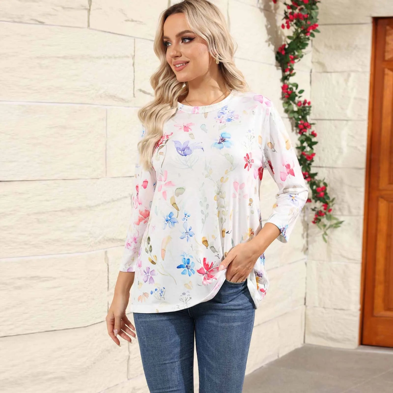 Casual 3/4 Sleeve Floral Print Galore Pullover Top Casual Tees | Chuzko.com