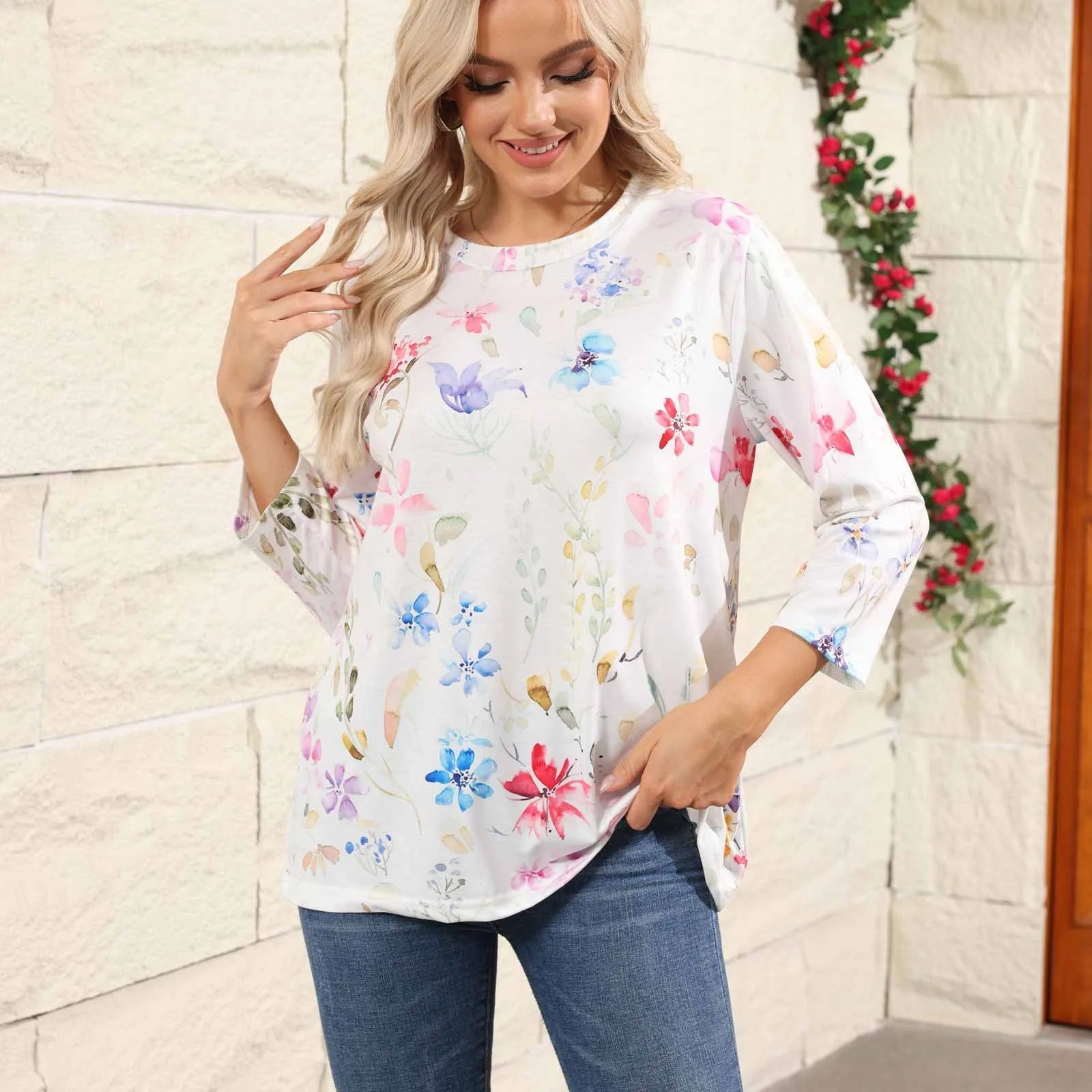 Casual 3/4 Sleeve Floral Print Galore Pullover Top Casual Tees | Chuzko.com