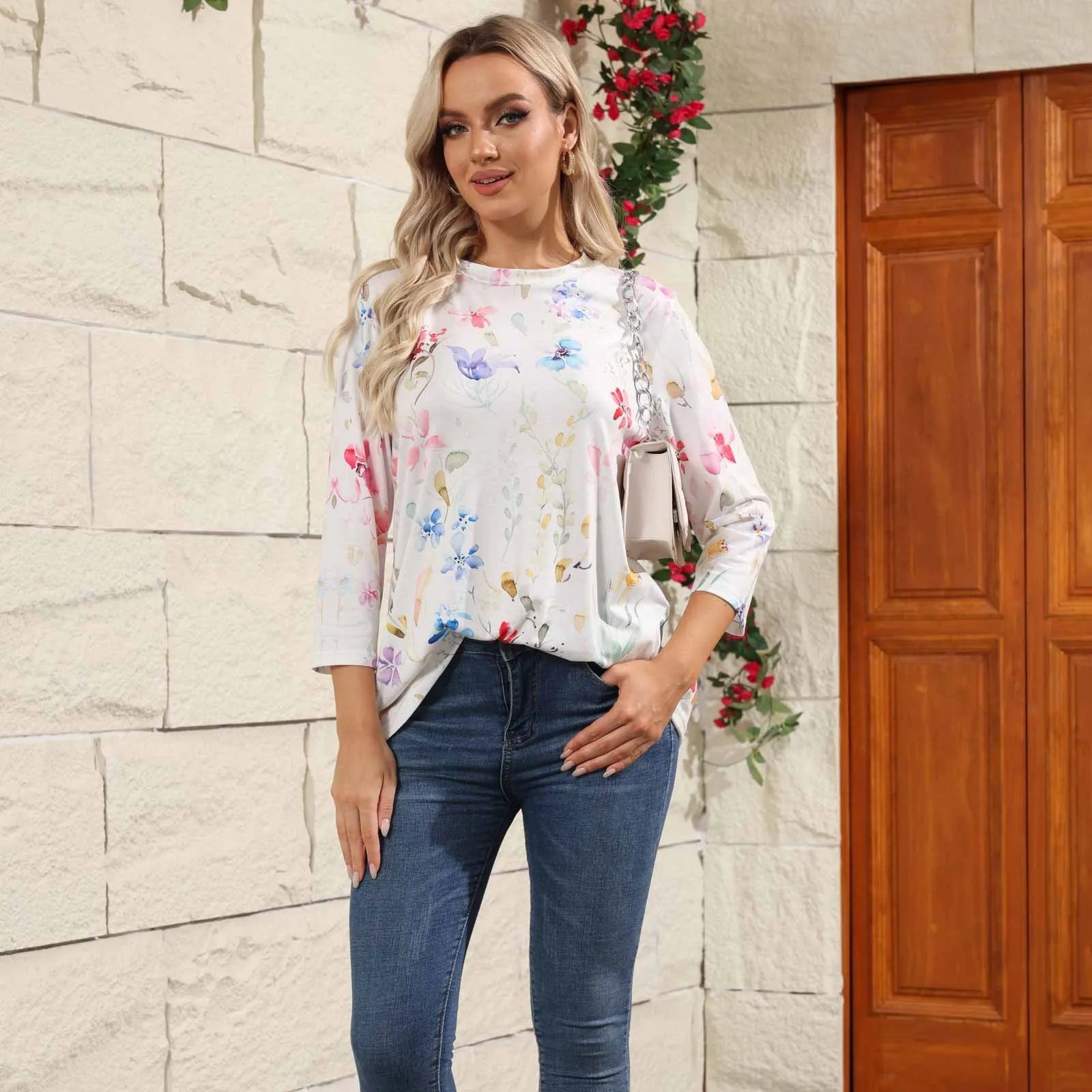 Casual 3/4 Sleeve Floral Print Galore Pullover Top Casual Tees | Chuzko.com