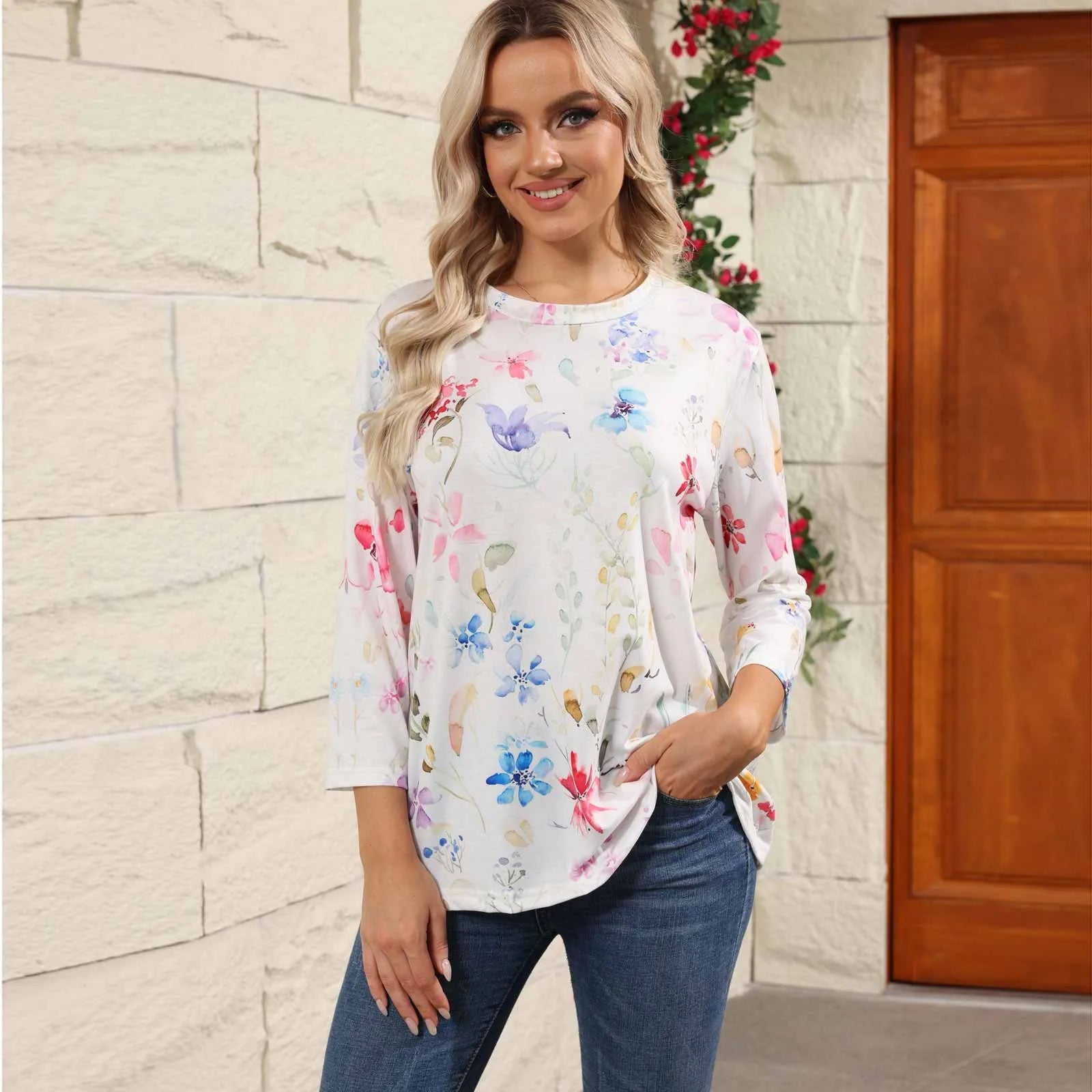 Casual 3/4 Sleeve Floral Print Galore Pullover Top Casual Tees | Chuzko.com