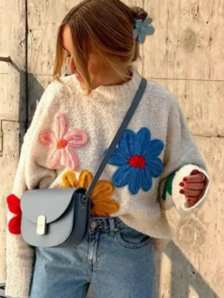 Flower Patch Work Pullover Plush Sweater Pullover Sweaters | Chuzko.com